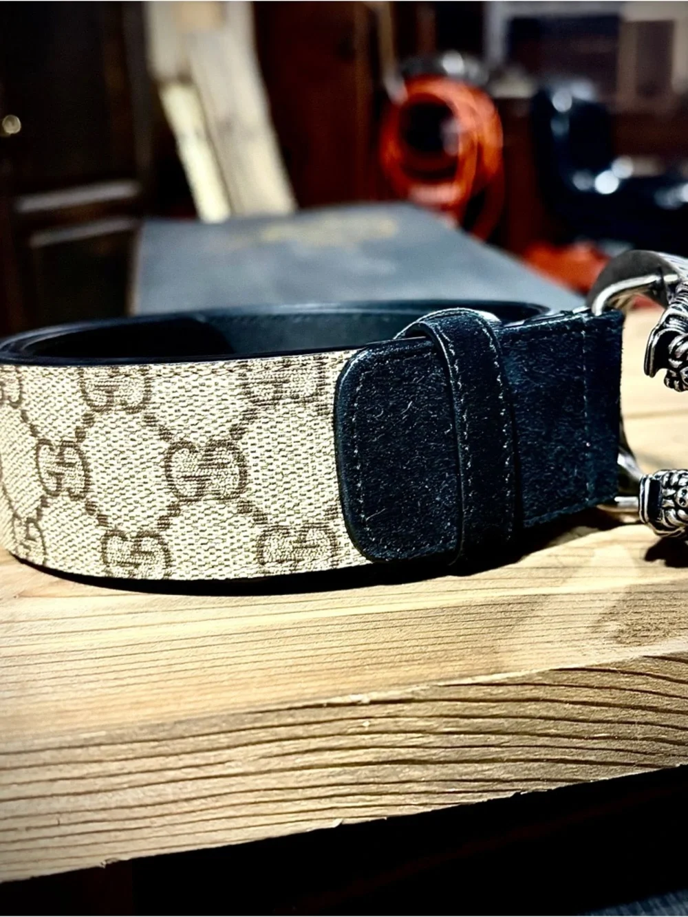 Gucci – Dionysus GG Supreme Canvas Belt Double Tiger Head – Beige/Black – Sz. 36
